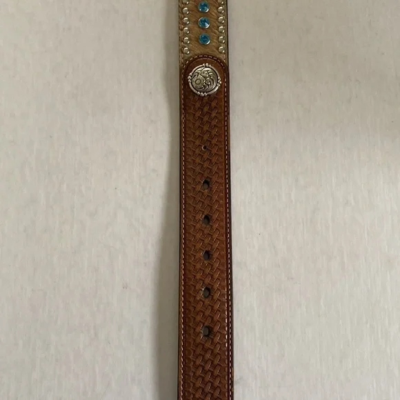 NOCONA Western Leather Belt with Silver Buckle, Rhinestones and calf hair Sz 38